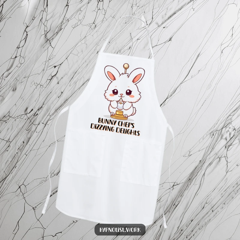 Funny apron depicting a fluffy bunny with swirly eyes spinning with a pendulum, for a humorous and mesmerizing cooking experience.