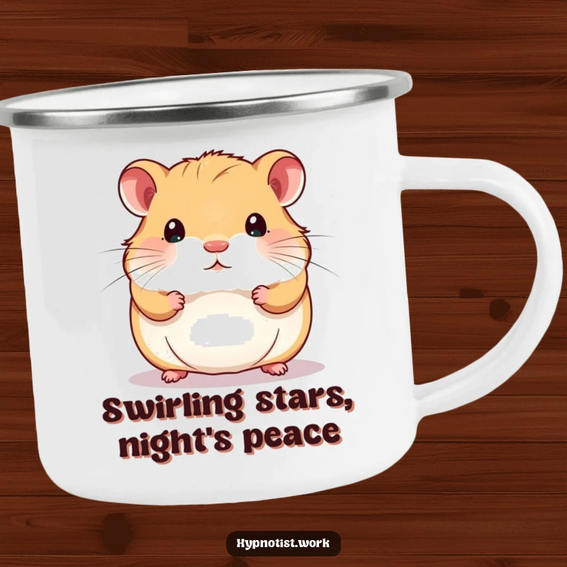 Funny camping mug with a chubby hamster staring intently at a shimmering, swirling pattern, ideal for outdoor adventures.