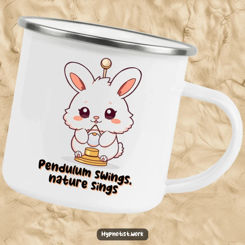 Funny camping mug with a fluffy bunny having swirly eyes, spinning with a pendulum, ideal for outdoor adventures and coffee.