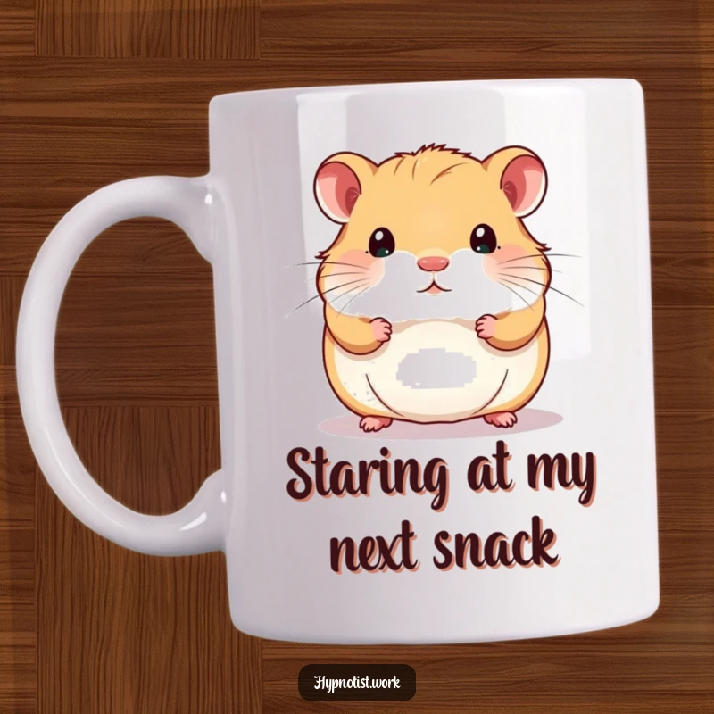 Funny mug featuring a chubby hamster staring intently at a shimmering, swirling pattern, capturing a moment of mesmerized, humorous focus.