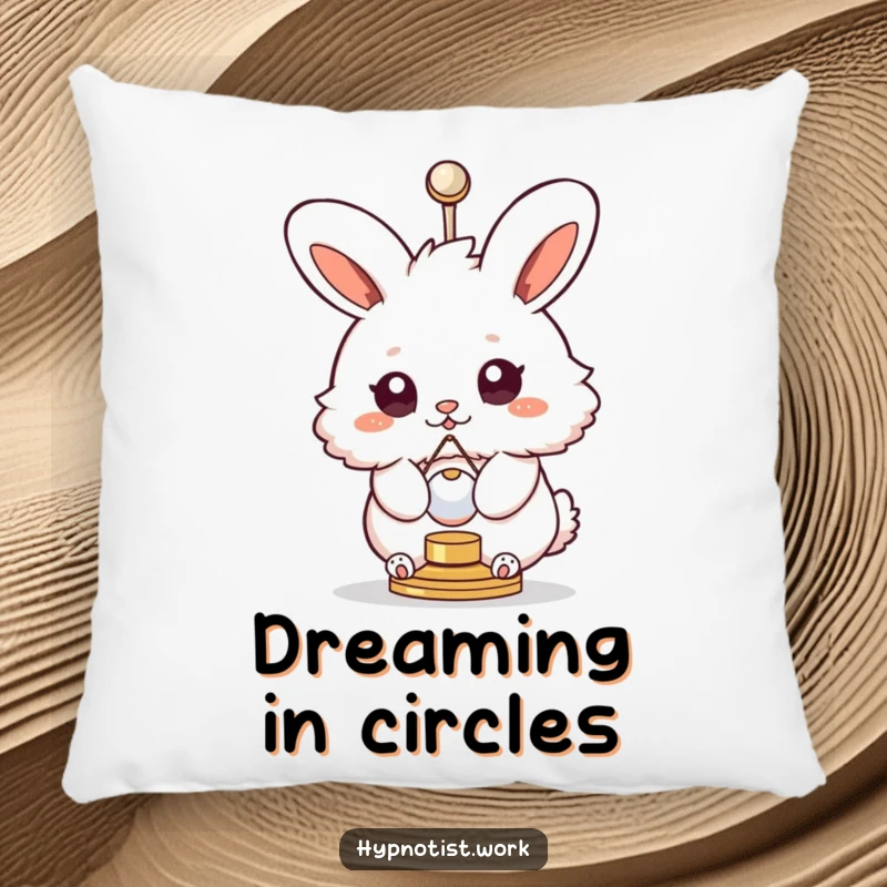 Funny pillow featuring a fluffy bunny with swirly eyes spinning with a small pendulum, adding cozy, hypnotic humor.