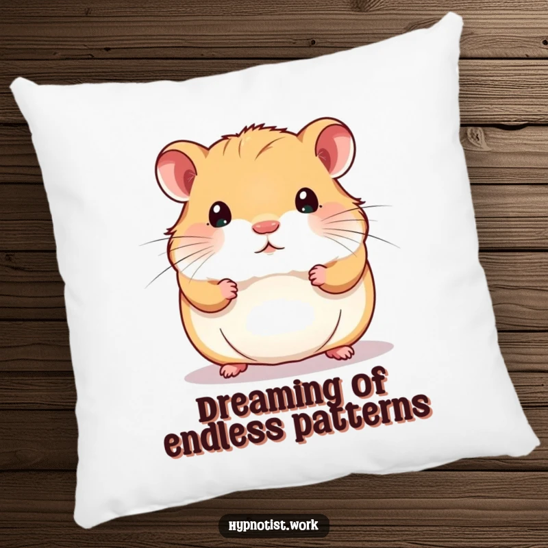 Funny pillow featuring a chubby hamster staring intently at a shimmering, swirling pattern, adding cozy, mesmerizing humor.