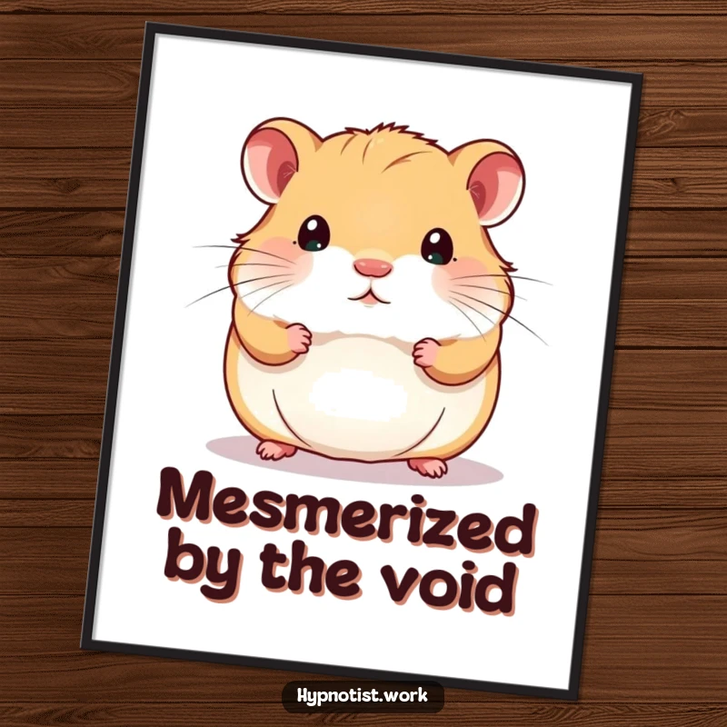 Funny poster illustrating a chubby hamster staring intently at a shimmering, swirling pattern, creating a humorous and mesmerizing wall display.