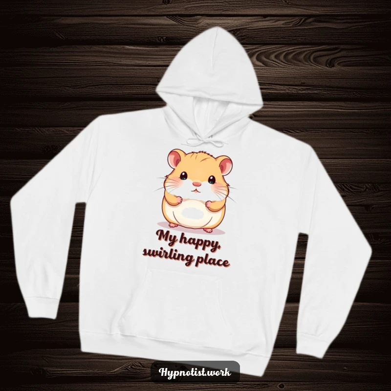 Funny hoodie featuring a chubby hamster staring intently at a shimmering, swirling pattern, offering cozy, mesmerizing vibes.