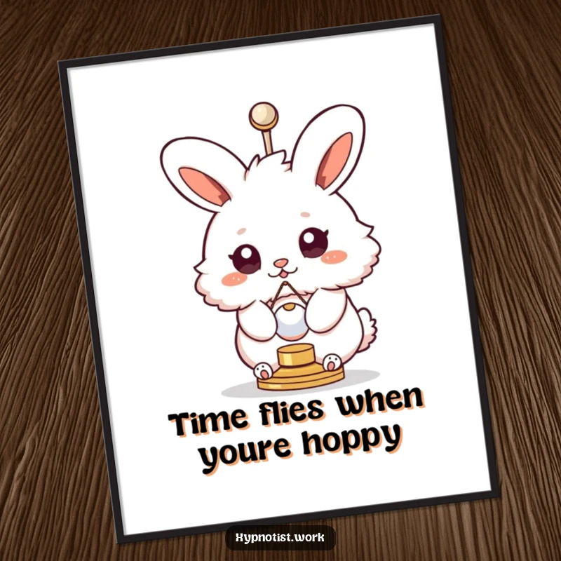 Funny Free Printable Wall Art: A fluffy bunny with eyes swirling in hypnotic spirals is spinning playfully near a small pendulum, adding whimsical decor.