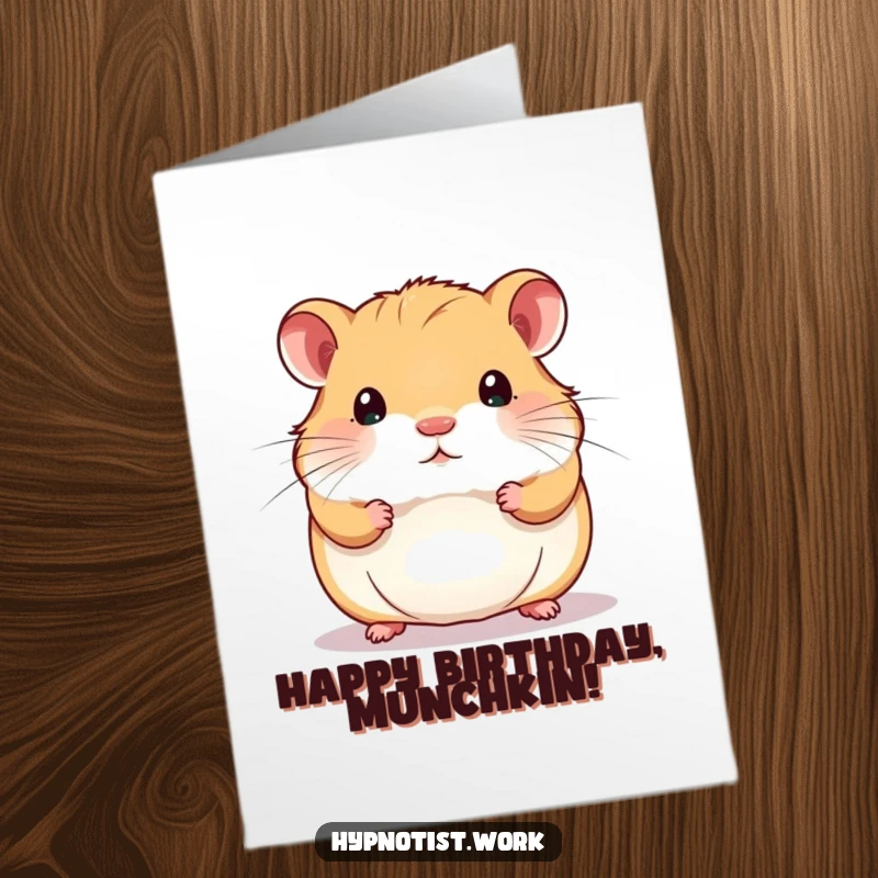 Funny Free Printable Birthday Card: A chubby hamster stares intently at a shimmering, swirling pattern, wishing a happy birthday with wide eyes.