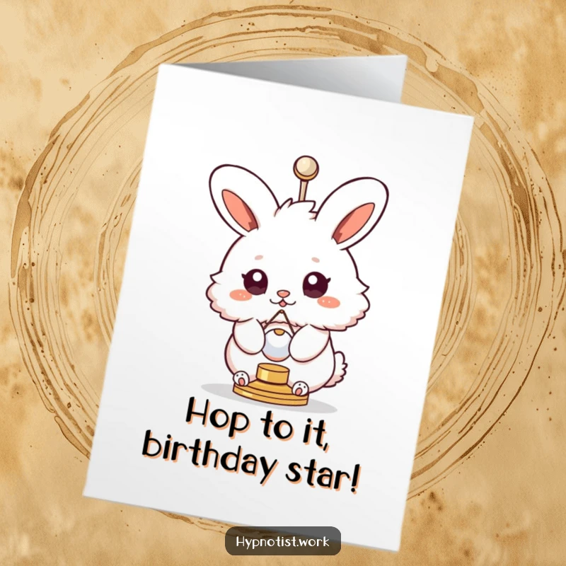 Funny Free Printable Birthday Card: A fluffy bunny with swirly eyes is hypnotically spinning next to a small pendulum, ready for birthday fun.