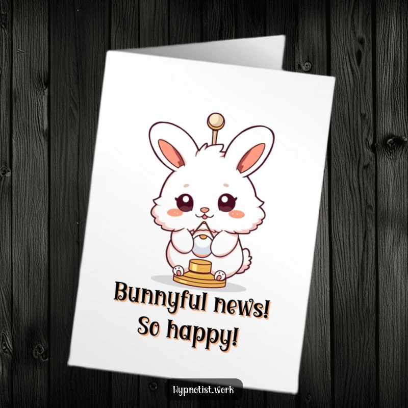 Funny Free Printable Congratulations Card: A fluffy bunny with eyes spinning like spirals is joyfully spinning with a small pendulum, celebrating success.