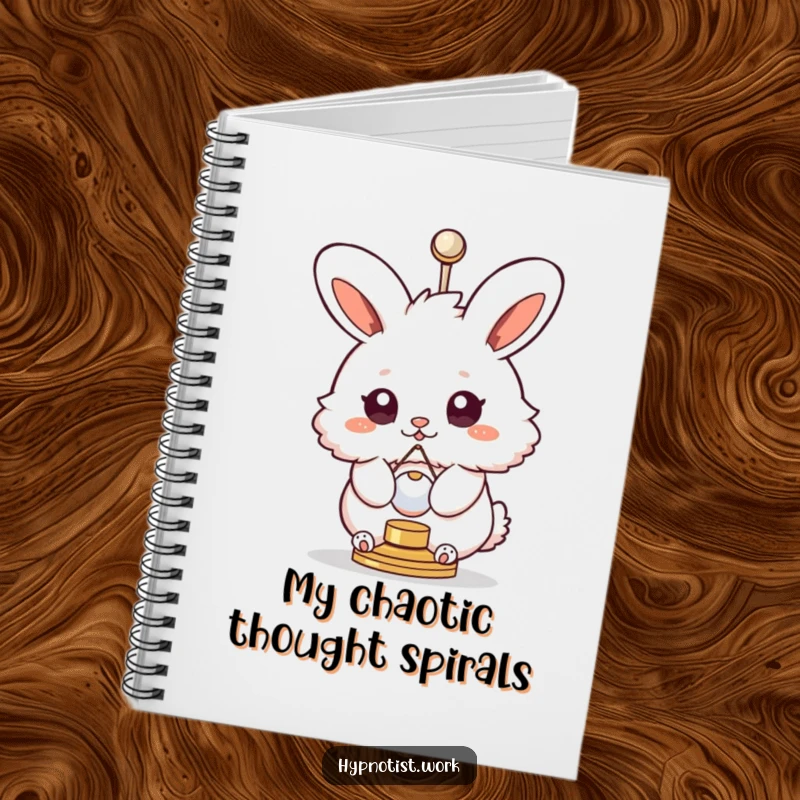 Funny notebook with a fluffy bunny with swirly eyes spinning with a pendulum, designed for jotting down notes with a whimsical touch.