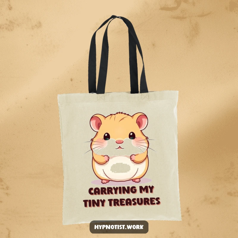 Funny tote bag showcasing a chubby hamster staring intently at a shimmering, swirling pattern, perfect for daily essentials.