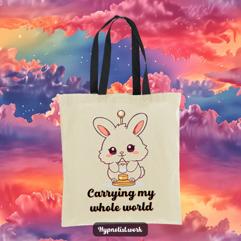 Funny tote bag showcasing a fluffy bunny with swirly eyes spinning with a small pendulum, perfect for carrying daily essentials.